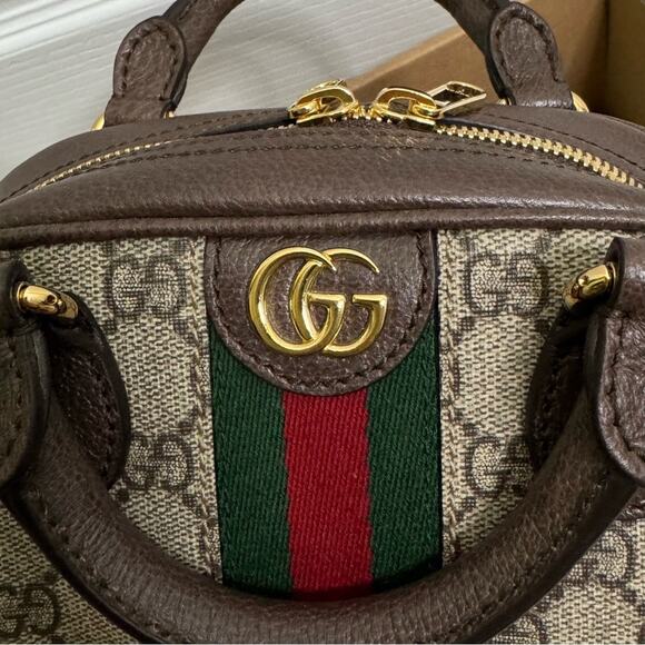Gucci Ophidia GG Mini Top Handle Bag Dome Shape Crossbody Brown Gold New Rare - Picture 12 of 16